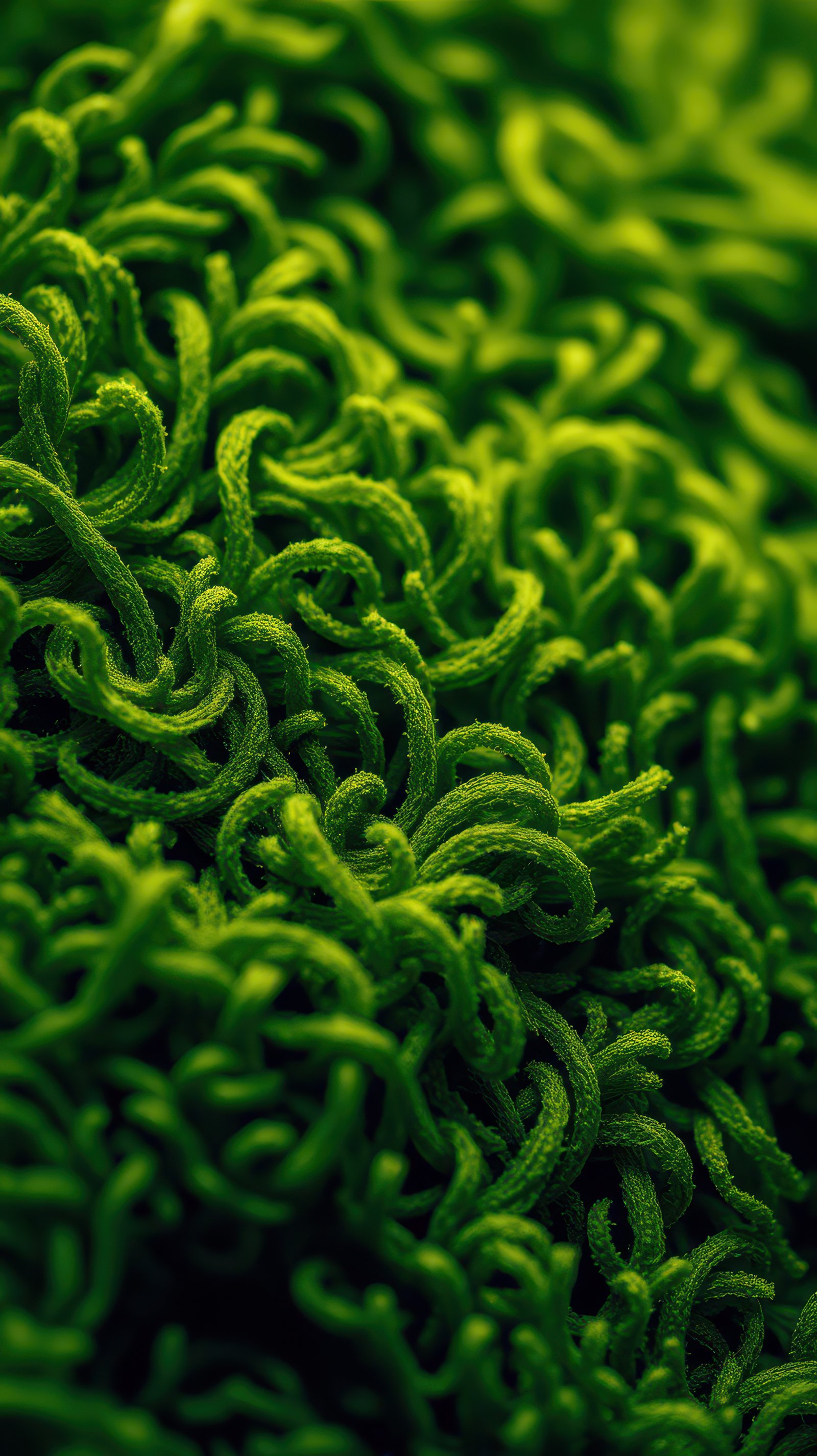 Close-up view reveals intricate texture of vibrant green textile fibers
